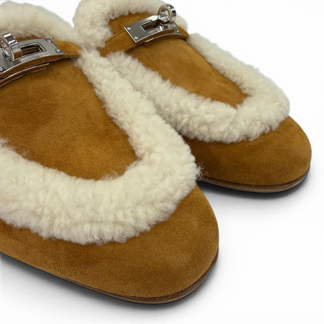 Pristine HERMES Mule Oz Kelly buckle sheepskin Brown Sheepskin Leather 37.5