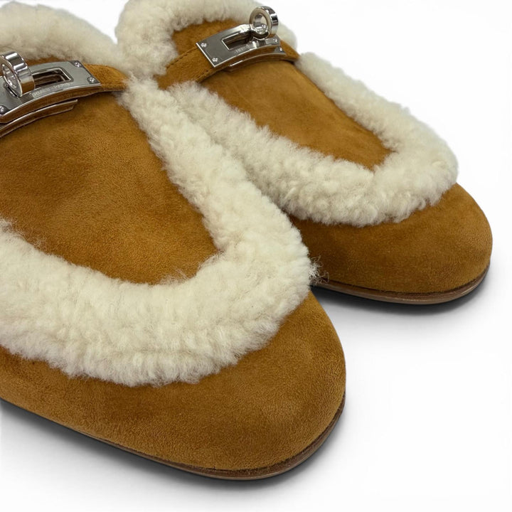 Pristine HERMES Mule Oz Kelly buckle sheepskin Brown Sheepskin Leather 37.5