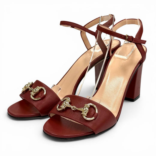 Excellent GUCCI Mule Horsebit Ankle Strap Leather Sandals Bordeaux leather 36