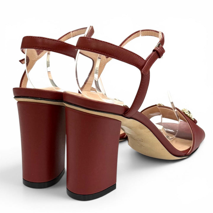 Excellent GUCCI Mule Horsebit Ankle Strap Leather Sandals Bordeaux leather 36