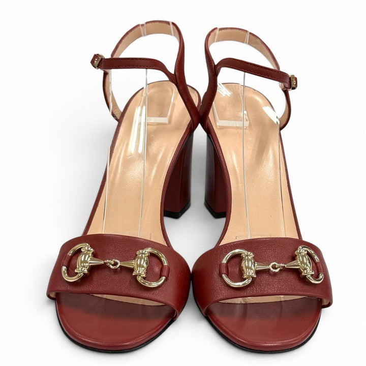 Excellent GUCCI Mule Horsebit Ankle Strap Leather Sandals Bordeaux leather 36