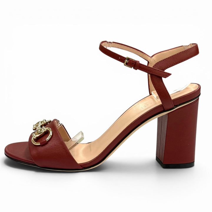 Excellent GUCCI Mule Horsebit Ankle Strap Leather Sandals Bordeaux leather 36
