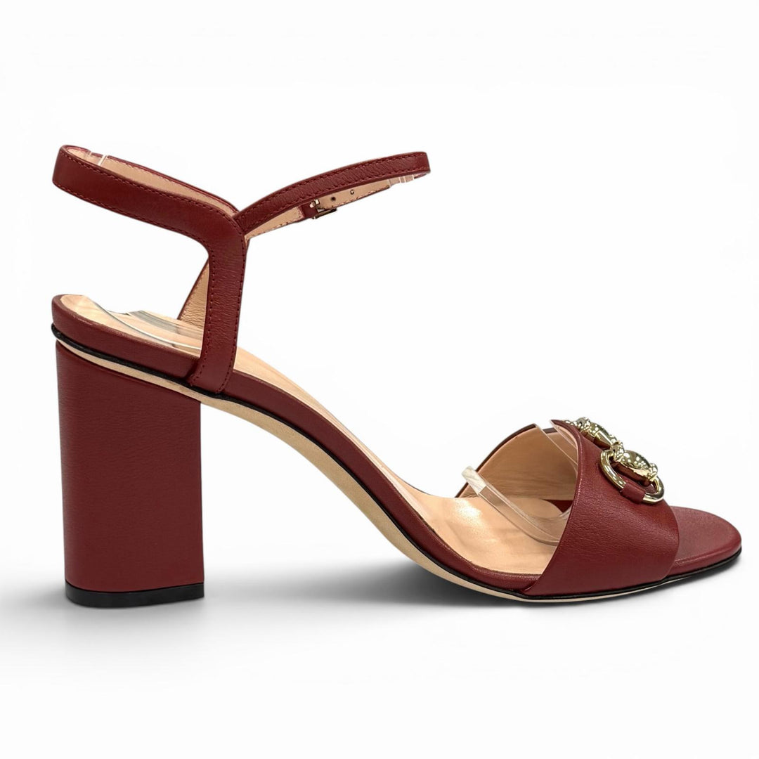 Excellent GUCCI Mule Horsebit Ankle Strap Leather Sandals Bordeaux leather 36