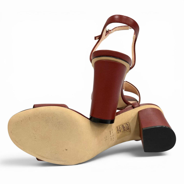 Excellent GUCCI Mule Horsebit Ankle Strap Leather Sandals Bordeaux leather 36
