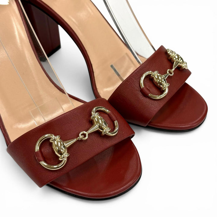 Excellent GUCCI Mule Horsebit Ankle Strap Leather Sandals Bordeaux leather 36