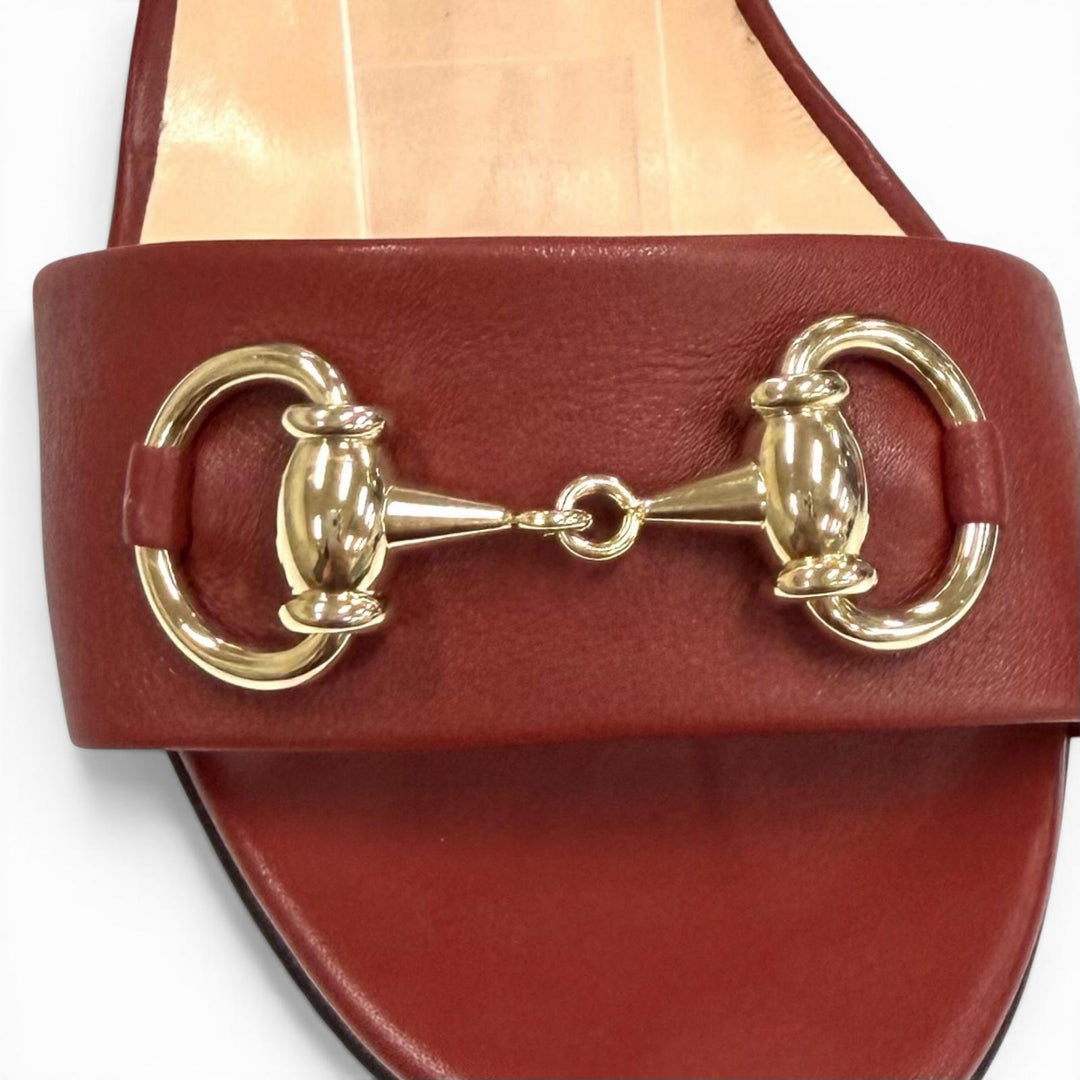 Excellent GUCCI Mule Horsebit Ankle Strap Leather Sandals Bordeaux leather 36