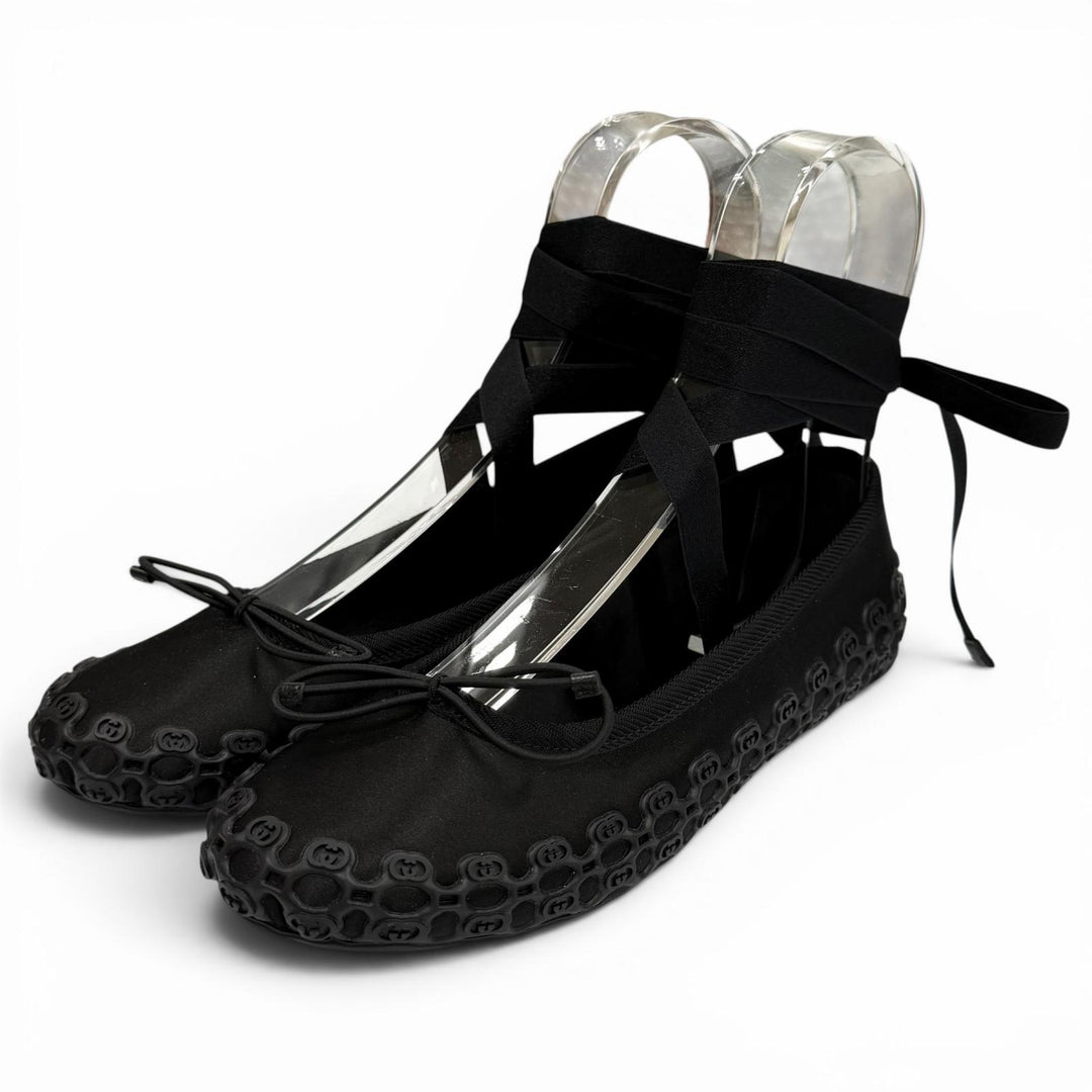 Pristine GUCCI Ballet shoes Interlocking G Ribbon Lace-up black Satin 36 814545