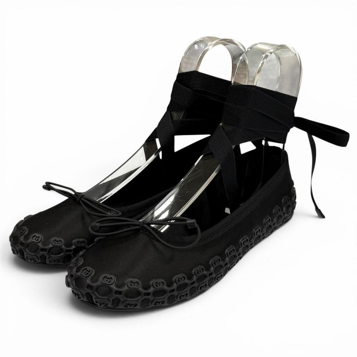 Pristine GUCCI Ballet shoes Interlocking G Ribbon Lace-up black Satin 36 814545