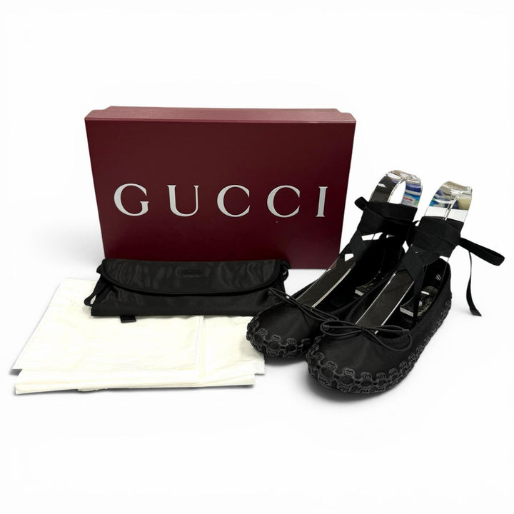 Pristine GUCCI Ballet shoes Interlocking G Ribbon Lace-up black Satin 36 814545