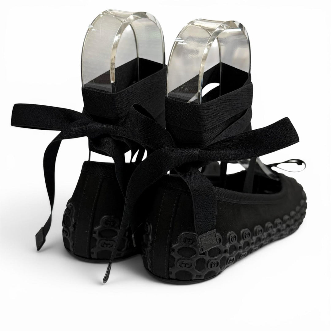 Pristine GUCCI Ballet shoes Interlocking G Ribbon Lace-up black Satin 36 814545