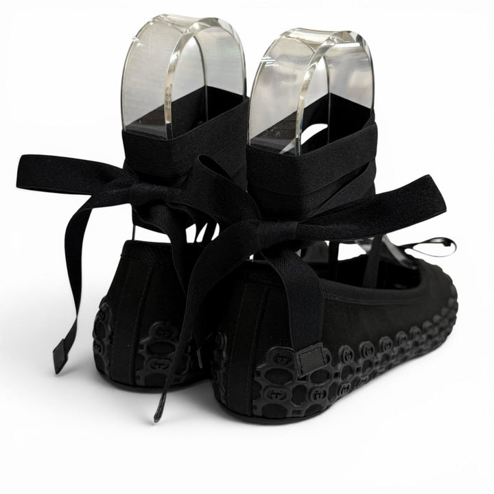 Pristine GUCCI Ballet shoes Interlocking G Ribbon Lace-up black Satin 36 814545