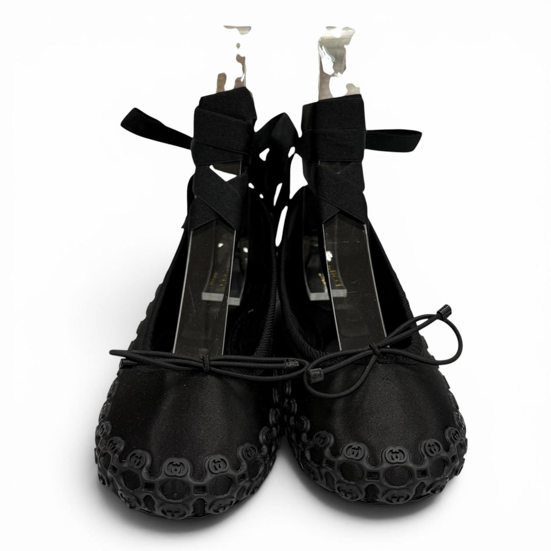 Pristine GUCCI Ballet shoes Interlocking G Ribbon Lace-up black Satin 36 814545