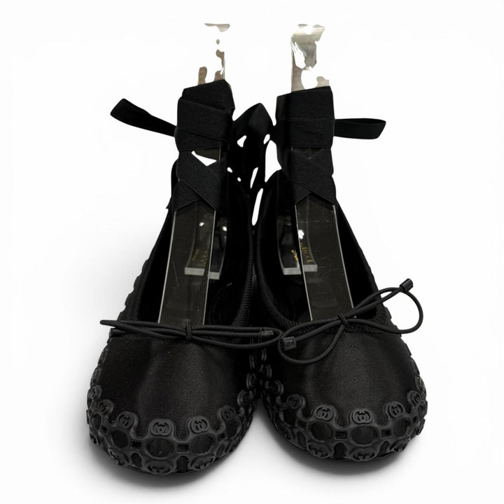 Pristine GUCCI Ballet shoes Interlocking G Ribbon Lace-up black Satin 36 814545