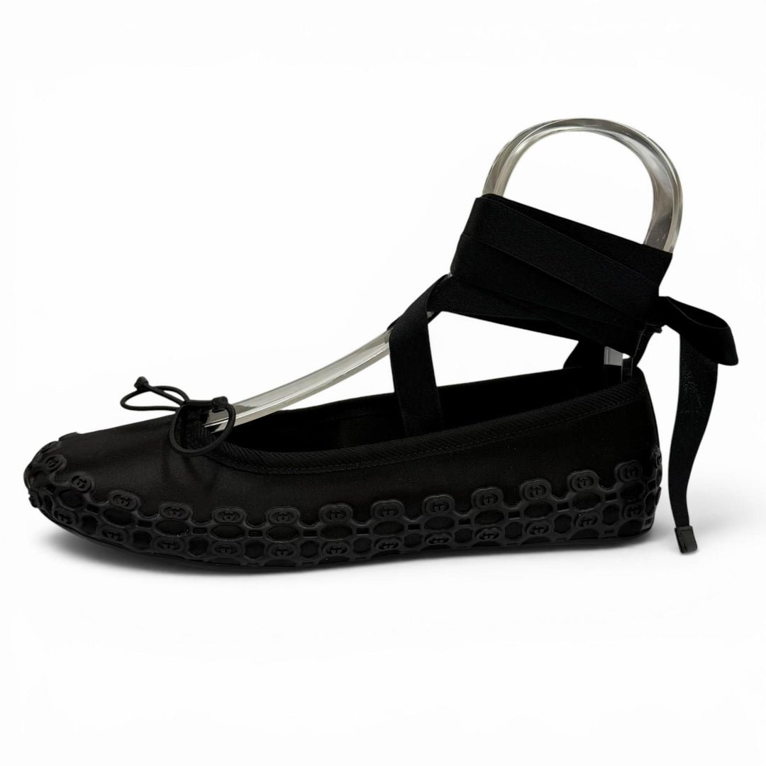 Pristine GUCCI Ballet shoes Interlocking G Ribbon Lace-up black Satin 36 814545