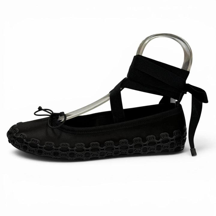 Pristine GUCCI Ballet shoes Interlocking G Ribbon Lace-up black Satin 36 814545