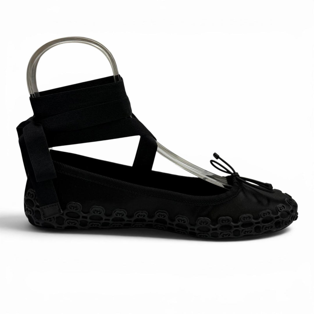 Pristine GUCCI Ballet shoes Interlocking G Ribbon Lace-up black Satin 36 814545