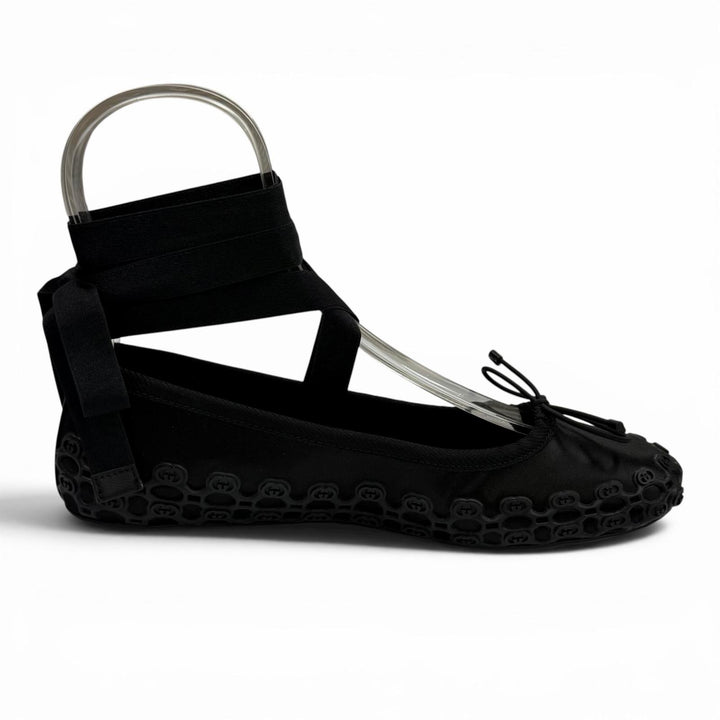 Pristine GUCCI Ballet shoes Interlocking G Ribbon Lace-up black Satin 36 814545