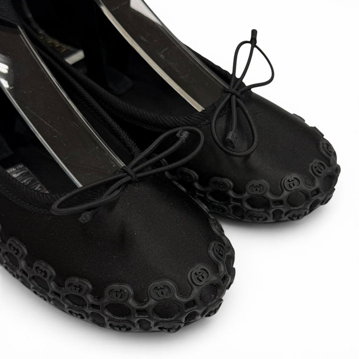 Pristine GUCCI Ballet shoes Interlocking G Ribbon Lace-up black Satin 36 814545