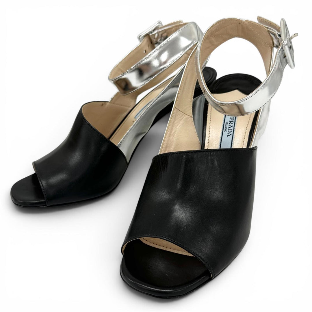 Excellent PRADA Sandals Two-tone ankle strap heels black leather Women 37