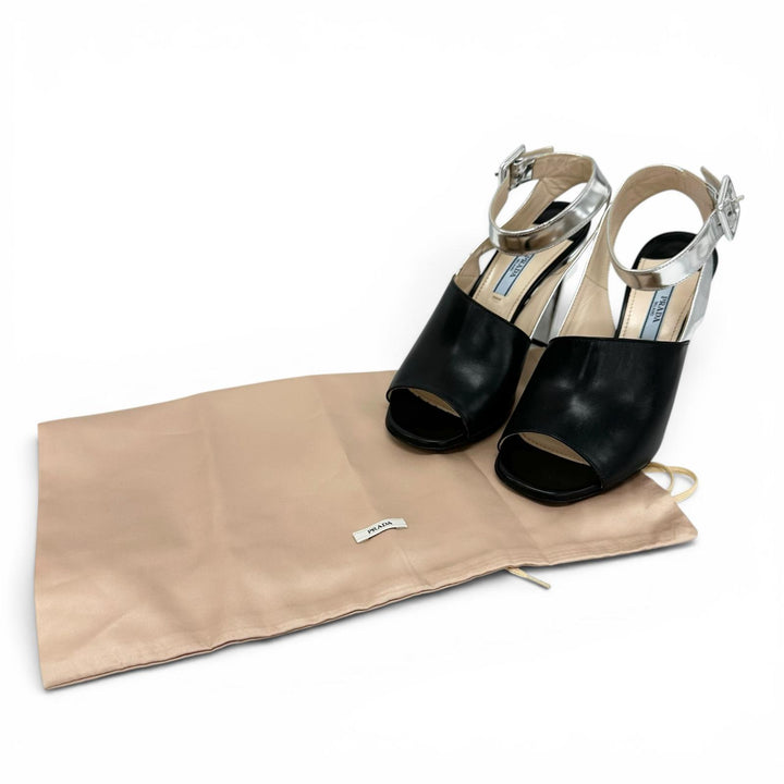 Excellent PRADA Sandals Two-tone ankle strap heels black leather Women 37