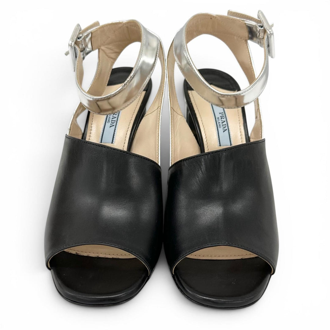 Excellent PRADA Sandals Two-tone ankle strap heels black leather Women 37