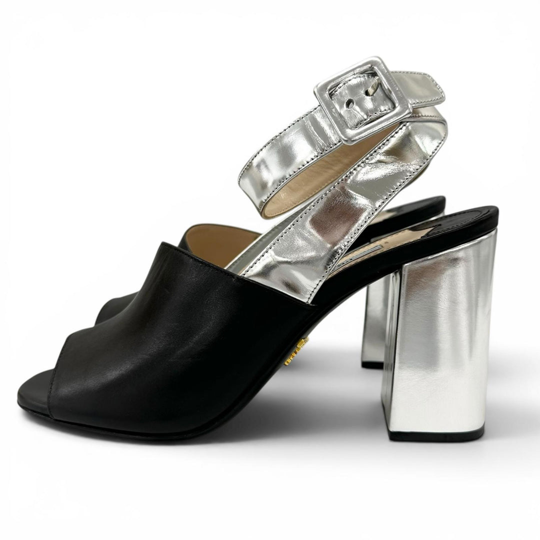 Excellent PRADA Sandals Two-tone ankle strap heels black leather Women 37