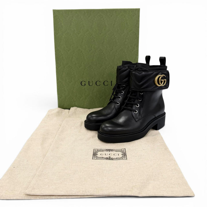 Pristine GUCCI Ankle boots GG Marmont Lace-Up Leather Short Boots 35 670397