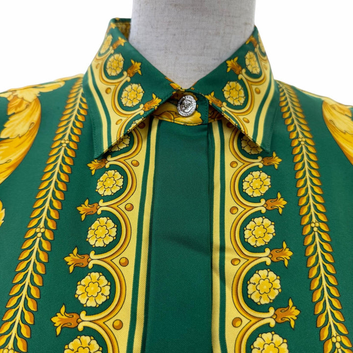Pristine VERSACE Long sleeve shirt Medusa Button Baroque green silk 38 1001360