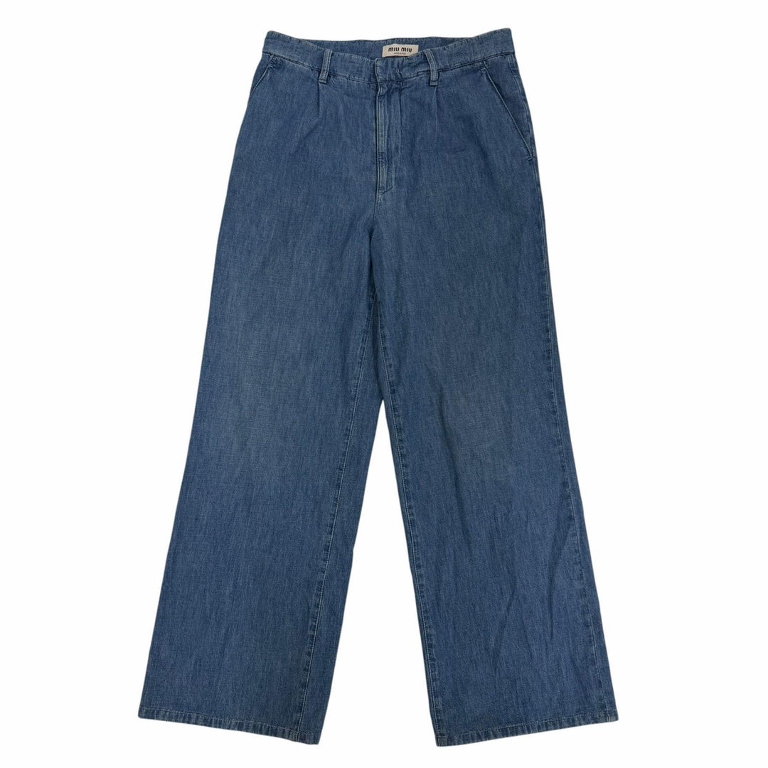 Great MIUMIU Denim pants Chambray logo embroidery Indigo blue Women 38 GWP471