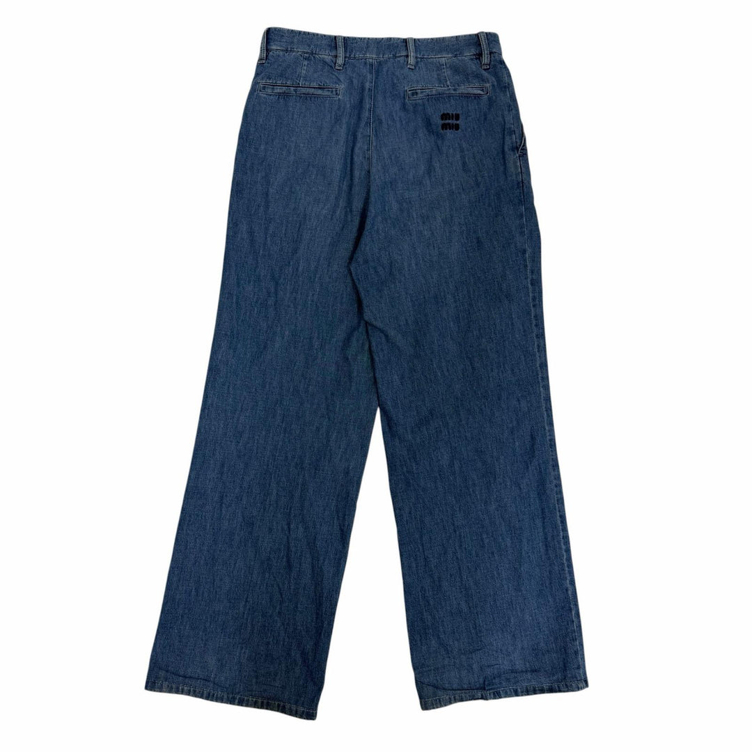 Great MIUMIU Denim pants Chambray logo embroidery Indigo blue Women 38 GWP471