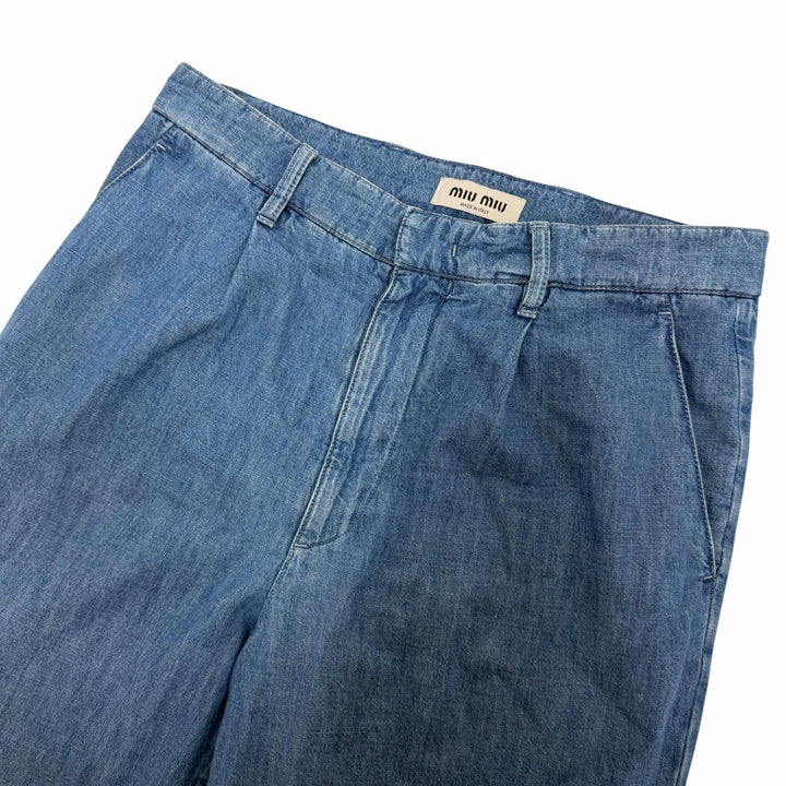 Great MIUMIU Denim pants Chambray logo embroidery Indigo blue Women 38 GWP471