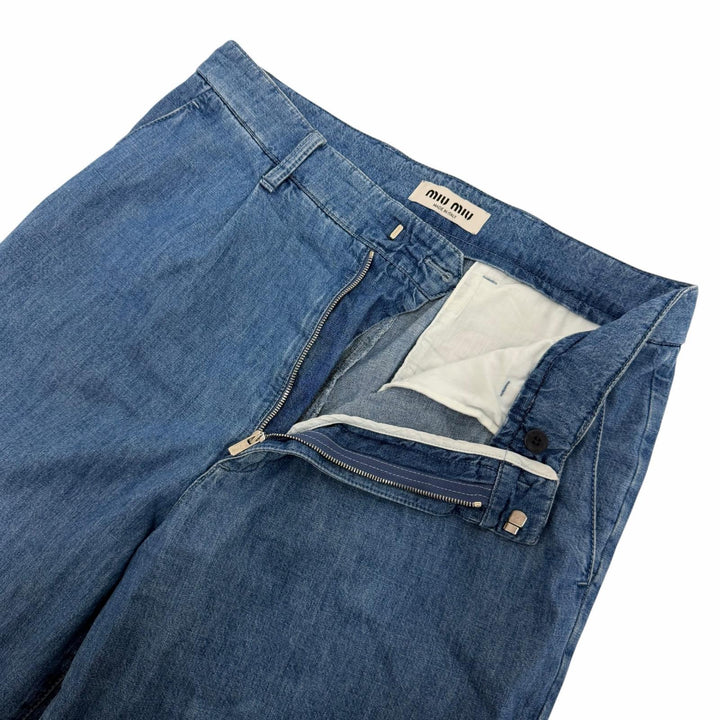 Great MIUMIU Denim pants Chambray logo embroidery Indigo blue Women 38 GWP471