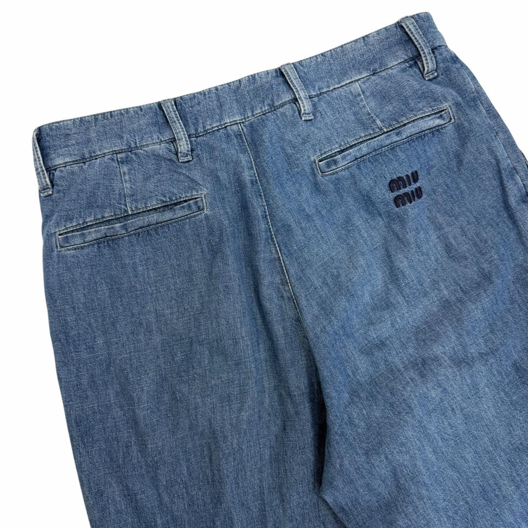 Great MIUMIU Denim pants Chambray logo embroidery Indigo blue Women 38 GWP471
