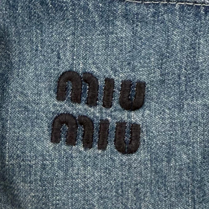 Great MIUMIU Denim pants Chambray logo embroidery Indigo blue Women 38 GWP471