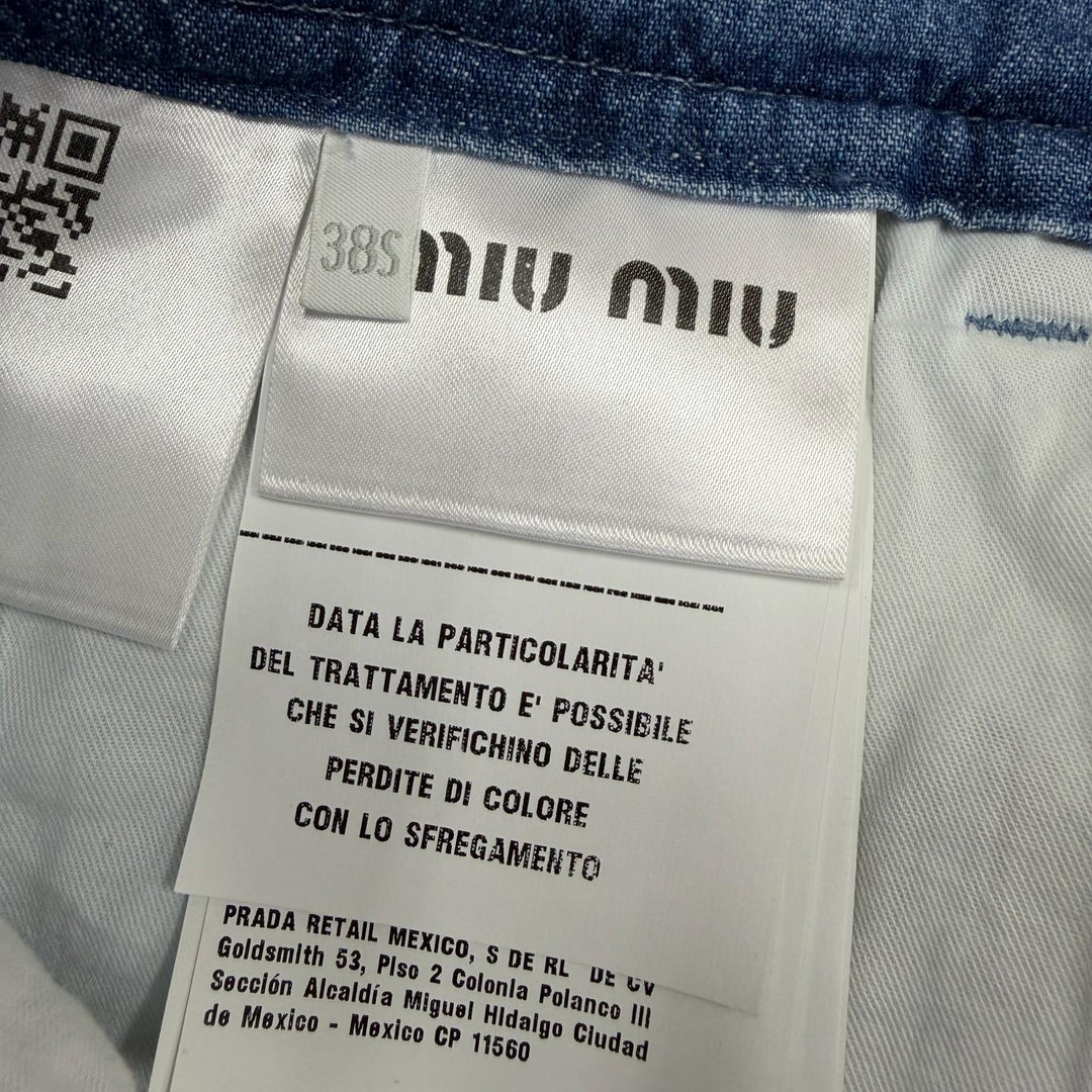 Great MIUMIU Denim pants Chambray logo embroidery Indigo blue Women 38 GWP471