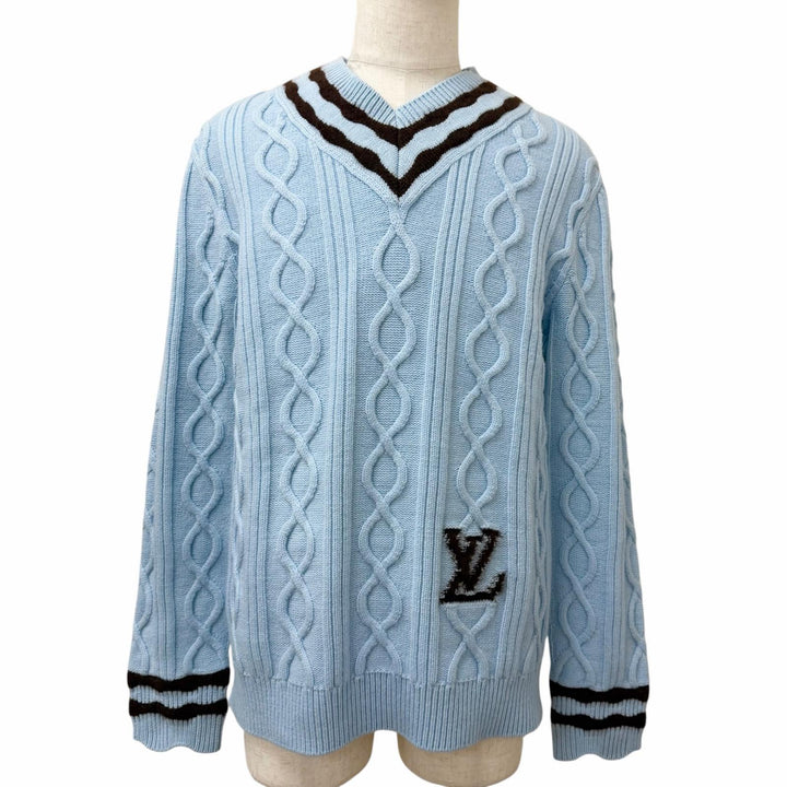 Excellent LOUIS VUITTON sweater LV logo cable braid Light blue wool mens S