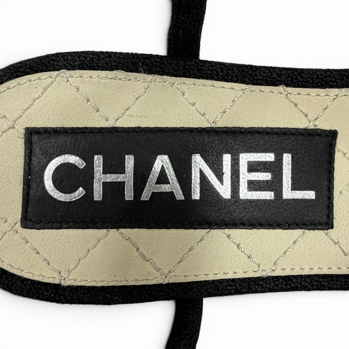 Great CHANEL Sandals COCO Mark Pearl Leather Strap Flats black Suede leather