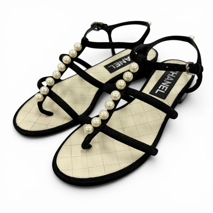 Great CHANEL Sandals COCO Mark Pearl Leather Strap Flats black Suede leather