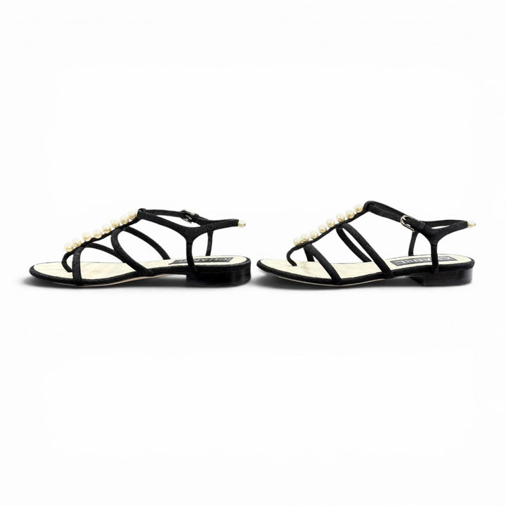 Great CHANEL Sandals COCO Mark Pearl Leather Strap Flats black Suede leather