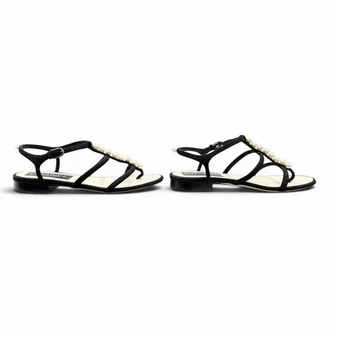 Great CHANEL Sandals COCO Mark Pearl Leather Strap Flats black Suede leather
