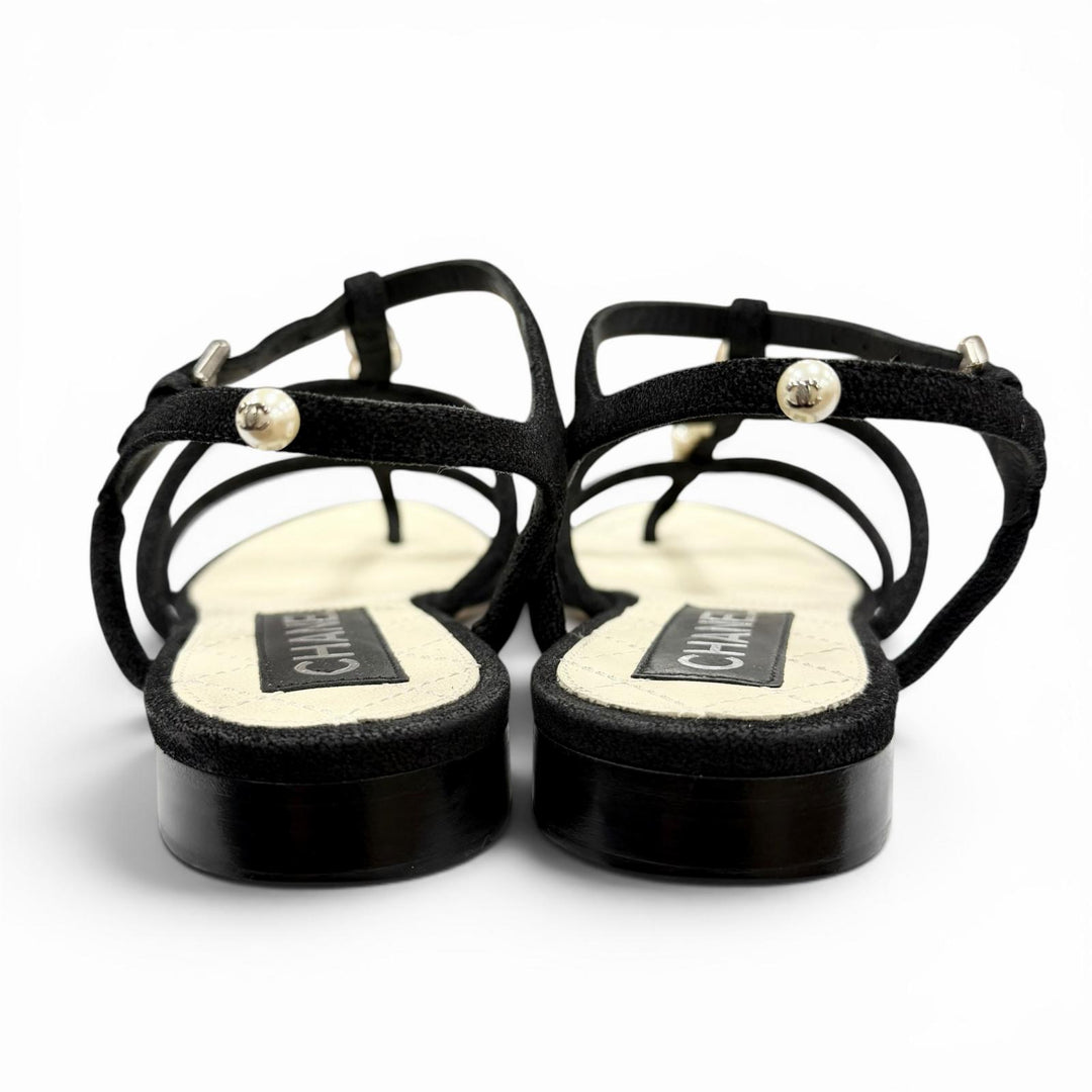 Great CHANEL Sandals COCO Mark Pearl Leather Strap Flats black Suede leather