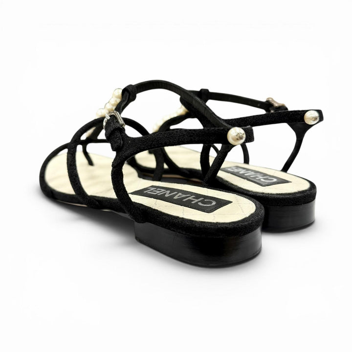 Great CHANEL Sandals COCO Mark Pearl Leather Strap Flats black Suede leather