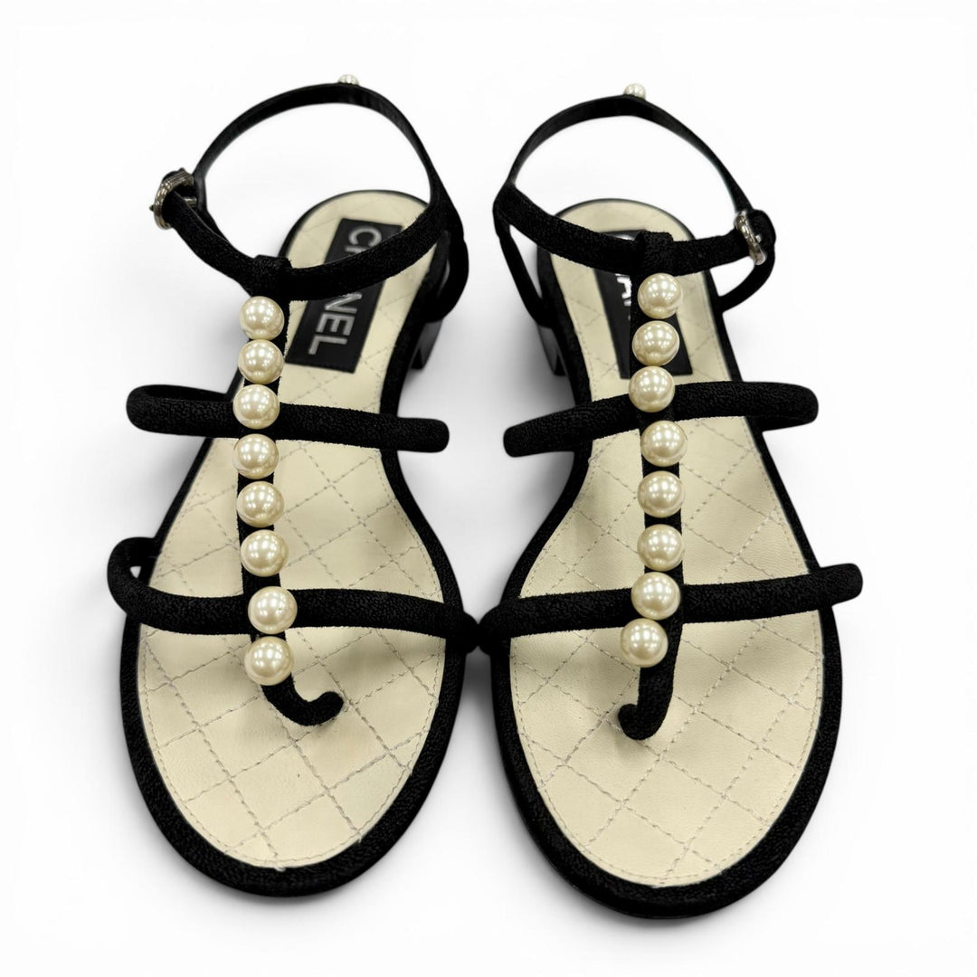 Great CHANEL Sandals COCO Mark Pearl Leather Strap Flats black Suede leather