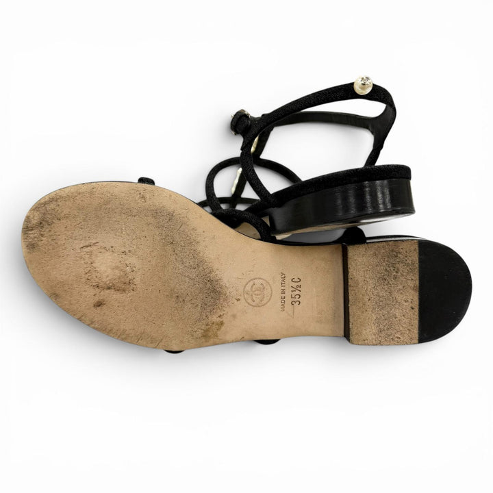 Great CHANEL Sandals COCO Mark Pearl Leather Strap Flats black Suede leather