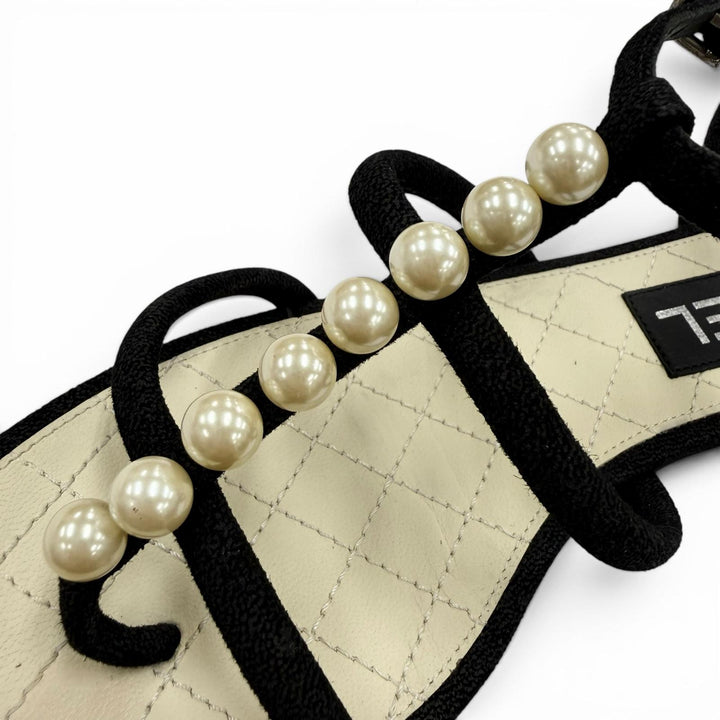 Great CHANEL Sandals COCO Mark Pearl Leather Strap Flats black Suede leather