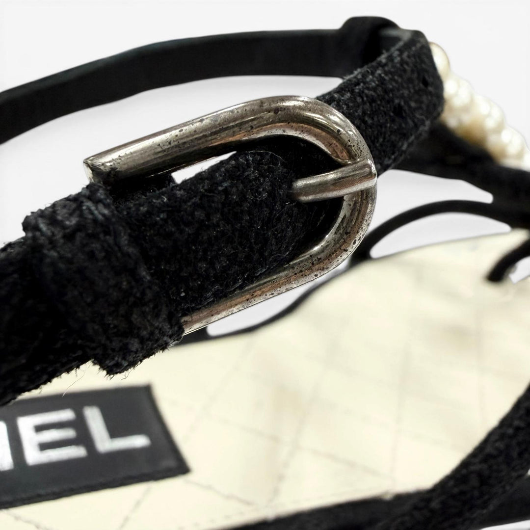 Great CHANEL Sandals COCO Mark Pearl Leather Strap Flats black Suede leather