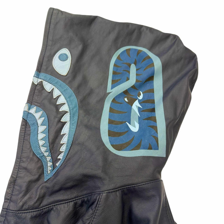 Great A BATHING APE leather jacket LEATHER SHARK HOODIE JACKET Shark Hoodie