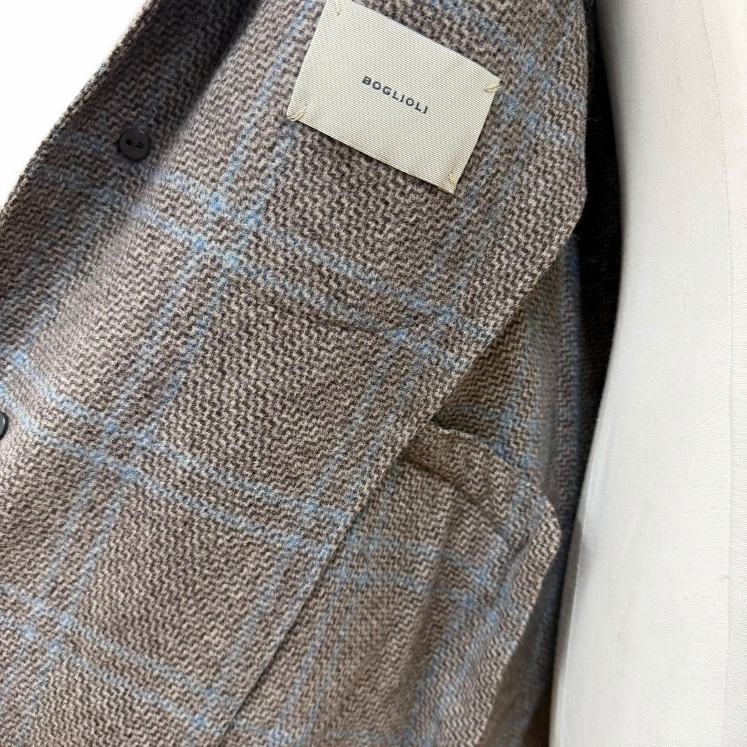 Excellent BOGLIOLI coat DOVER Check Pattern logo button Brown wool mens 46