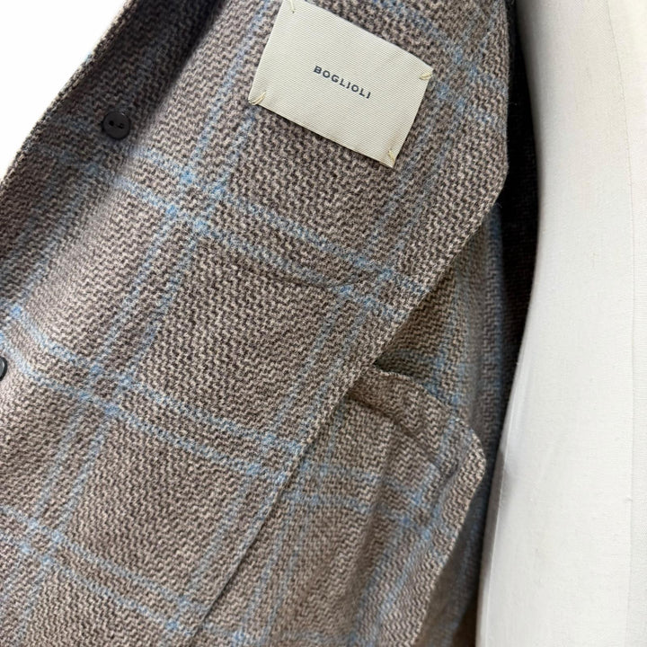 Excellent BOGLIOLI coat DOVER Check Pattern logo button Brown wool mens 46
