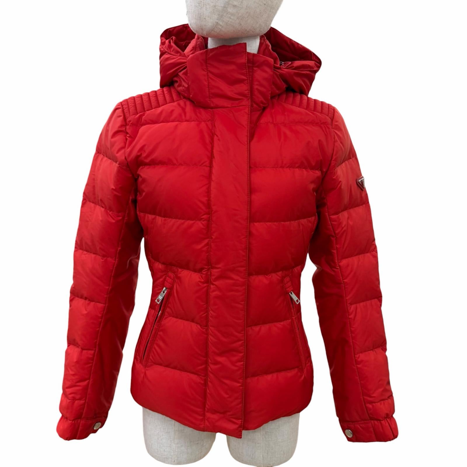 Great PRADA Down jacket Triangle with logo, hooded, short length